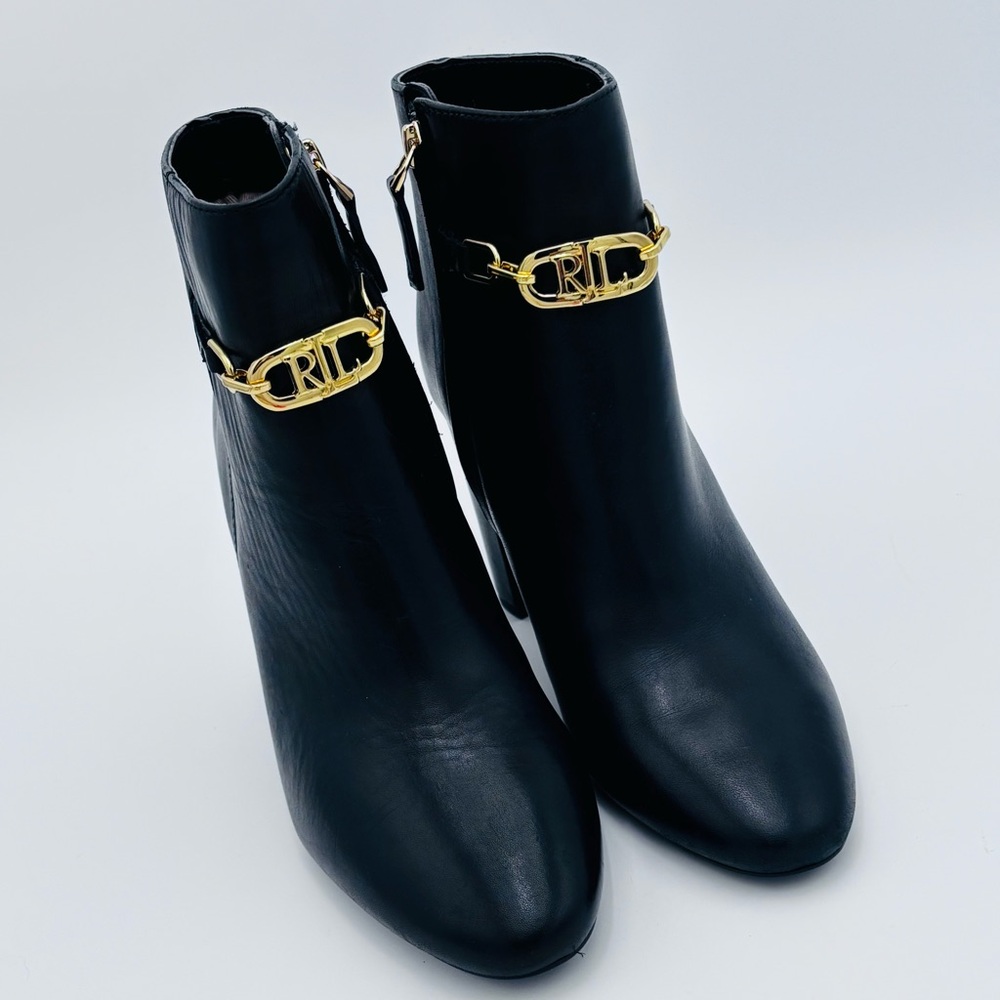 RALPH LAUREN Women's US Size 6B Meredith Booties Black Leather Gold RL Logo